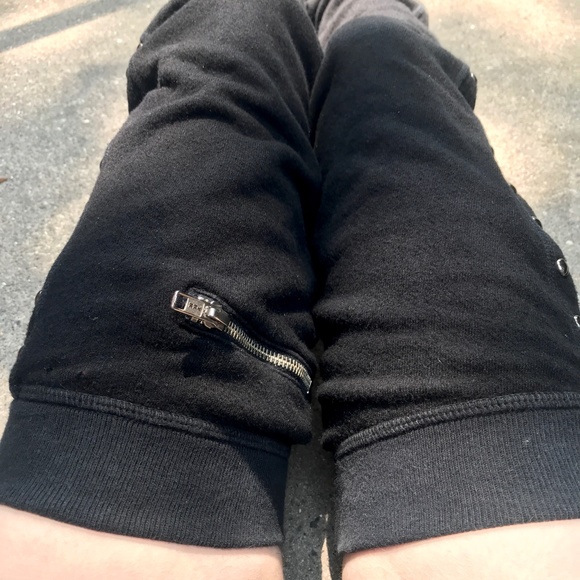 Upcycled Leg Warmers Black Thigh Highs Studded Knee Socks Sweatshirt Zipper Y2k - Picture 8 of 14